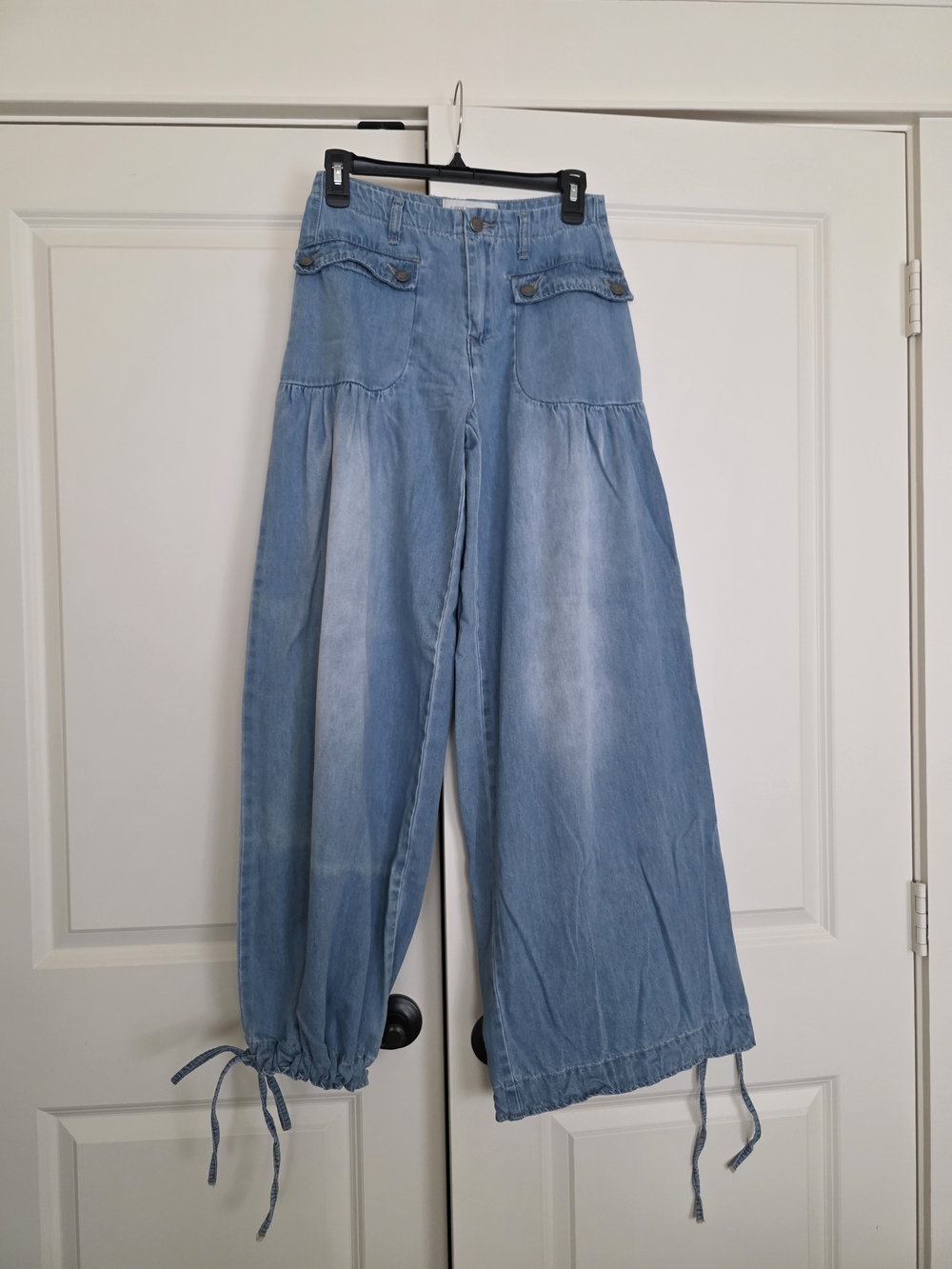 Light Blue Wide Leg Denim Jeans - Flare Tie Hem